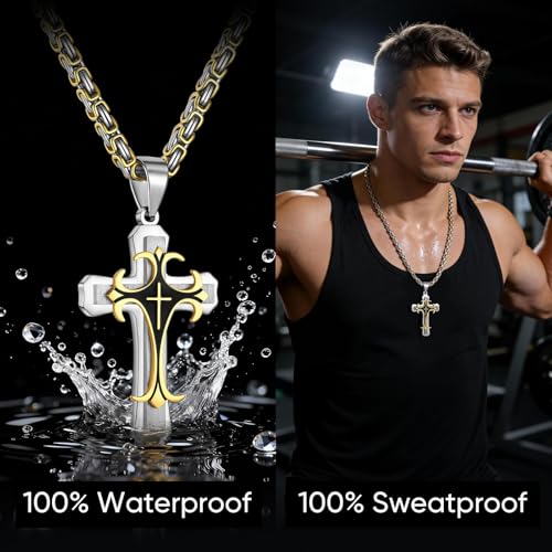 MEALGUET Stainless Steel Crucifix Cross Pendant Necklace,Men's Cross Necklace with Chunky Byzantine Chain/Rolo Chain, Gift for Men - style: Gold plated-byzantine chain