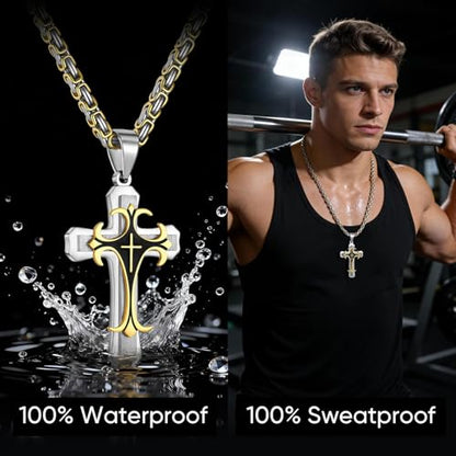 MEALGUET Stainless Steel Crucifix Cross Pendant Necklace,Men's Cross Necklace with Chunky Byzantine Chain/Rolo Chain, Gift for Men - style: Gold plated-byzantine chain