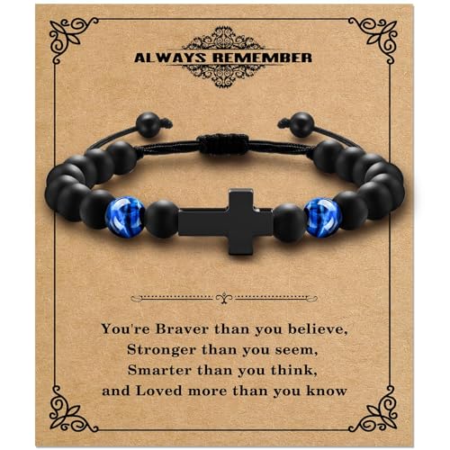 Boys Cross Bracelet, Adjustable Tiger Eye Bead Bracelet - color: B-Always Remember