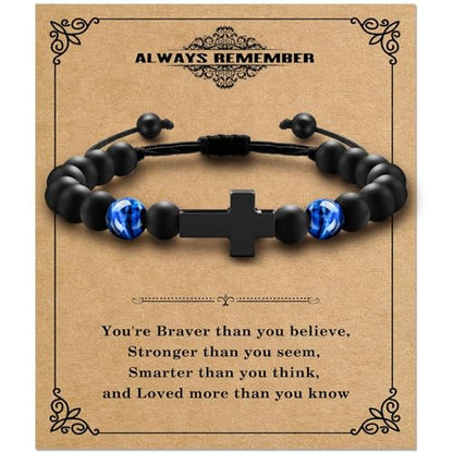 Boys Cross Bracelet, Adjustable Tiger Eye Bead Bracelet - color: B-Always Remember