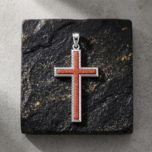 MRENITE Silver Natural Stone Cross Necklace, Classic Latin Cross Pendant Necklace for Unisex Women Man, Vintage Crystal Quartz Cross Necklace with 20+2 Inches Adjustable Cuban Chain - style: Red Sandstone