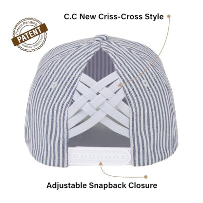 C.C Women's Criss-Cross Ponytail Trucker Hat - Snapback, One Size - color: Cotton Stripe-navy