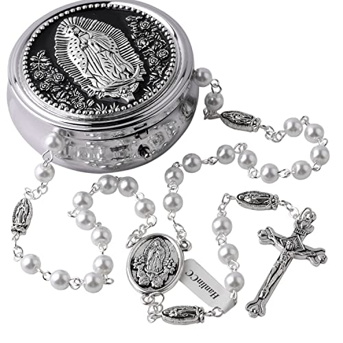 HanlinCC Guadalupe Catholic Rosary Glass Pearl Beads Necklace with Gift Box - color: Guadalupe Rosary White