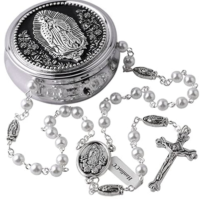 HanlinCC Guadalupe Catholic Rosary Glass Pearl Beads Necklace with Gift Box - color: Guadalupe Rosary White
