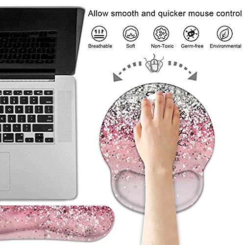 Keyboard Wrist Rest and Mouse Pad Wrist Support Set with Coasters, Non-Slip PU Base Ergonomic Gaming Mousepad for Home Office Working Studying Easy Typing & Pain Relief, Bible Verses Proverbs 31:25 - color: Pink Glitter Quote Bible Verses Proverbs 31:25