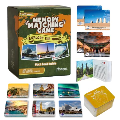 Menique Explore the World Memory Matching Game – Geography Game with 100 Photo Cards, 50 Countries, Flags & Landmarks – Travel Card Game with Educational Booklet, Ages 3+ - style: Explore the World