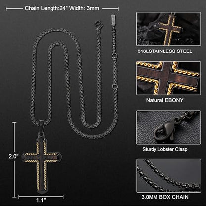 Wooden Cross Necklace for Men With Stainless steel And Black Ebony Adjustable Box Chain 24–26 inches Suitable for Everyday Wear And Christian Gifts for Men - color: Black-K