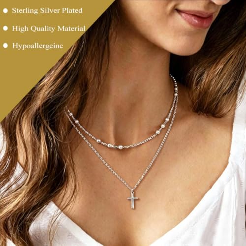 Sterling Silver Plated Cross Necklace 14K Gold Layered Beads Necklace Chain Waterproof Trendy Jewelry for Women - color: Silver