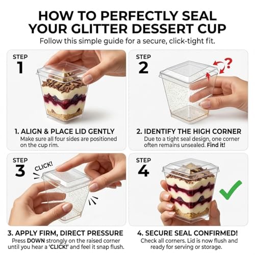 60 Pack (180 Pieces) Golden Glitter Dessert Cups with Lids and Spoons 5Oz Square Yogurt Parfait/Appetier Cups for Party, Plastic Dessert Shooter Cups for Ice Cream, Fruit, Jello and Pudding - size: 60 Cups+60 Lids+60 Spoons