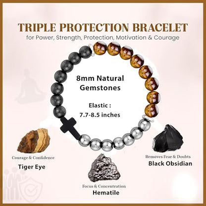 Gifts for Men Bracelets Triple Protection Cross Bracelet 8mm Black Obsidian Hematite Tiger Eye Beaded Natural Stone Bracelets Birthday Jewelry Gifts Cross Christian Gift for Him Husband Son - color: 1--Triple