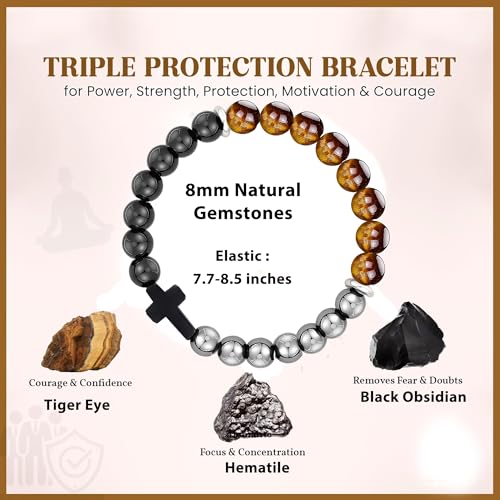 Gifts for Men Bracelets Triple Protection Cross Bracelet 8mm Black Obsidian Hematite Tiger Eye Beaded Natural Stone Bracelets Birthday Jewelry Gifts Cross Christian Gift for Him Husband Son - color: To My Son,Triple Style