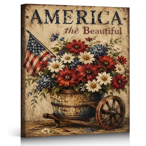 Ship Next Day - Framed Patriotic Wall Art Canvas, America the Beautiful Floral Painting, Rustic Farmhouse USA Flag Canvas Print for Living Room, Kitchen, Bedroom, Office, Made in USA - color: P36, size: 36"L x 24"W