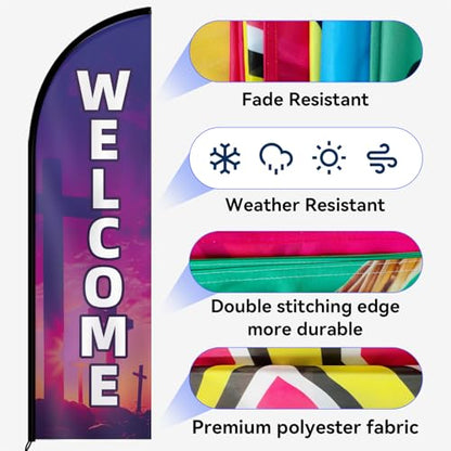 Double Sided Church Welcome Feather Flag with Pole Kit, 8FT Durable Polyester Outdoor Church Sign Banner, High Visibility Welcome Flag for Entrance, Sunday Service & Community Events
