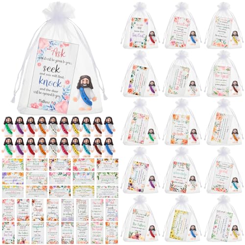 Bememo 50 Sets Christian Gifts Bulk Bible Verse Cards Include Little Jesus Figures Prayer Cards and Organza Bags for Religious Party Favors Sunday Baptism Gifts(Flower Style,Bright) - color: Bright, style: Flower Style