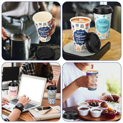 100 Pack 16 oz Paper Coffee Cups with Lids 5 Quotes - style: Motivational