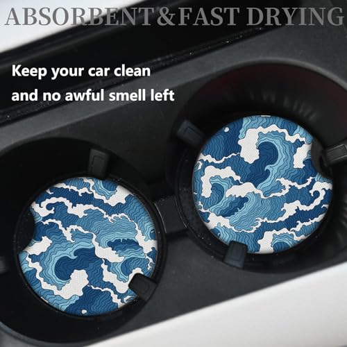 2pcs Car Cup Holder Coasters Sea Wave Pattern Car Coasters，Universal Auto Anti Slip Coasters,Rubber Car Coasters with A Finger Groove, Cute Car Accessories for Women&Men - color: Sea Wave