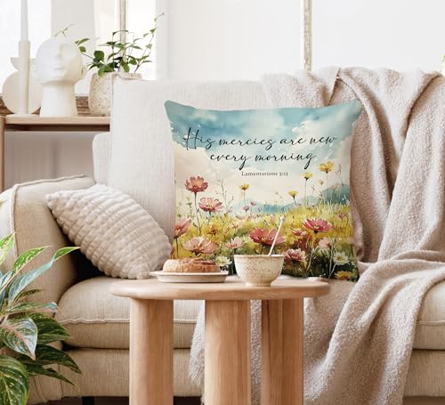 Voatok Vintage Christian Floral Pillow Covers 18x18, Rustic Botanical Wildflower Religious Bible Verse Decorative Throw Pillow Covers Pillowcases Decorations for Home Bedroom Sofa Bed Couch Decor