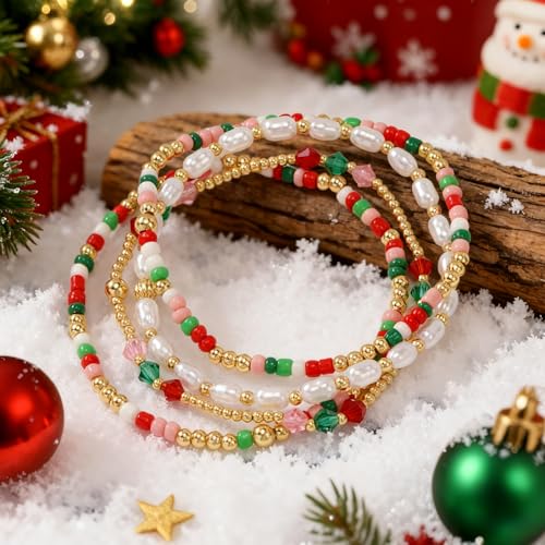 Gold Beaded Bracelets Stack for Women Stackable 14K Gold Plated Beads Ball Cross Bracelet Boho Christian Jewelry Faith Friendship Birthday Gifts for Women - color: Red Green White