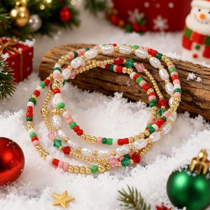 Gold Beaded Bracelets Stack for Women Stackable 14K Gold Plated Beads Ball Cross Bracelet Boho Christian Jewelry Faith Friendship Birthday Gifts for Women - color: Red Green White