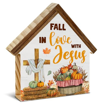Christian Fall Decor, Fall in Love with Jesus House Shaped Wood Block Sign - color: Jesu-2