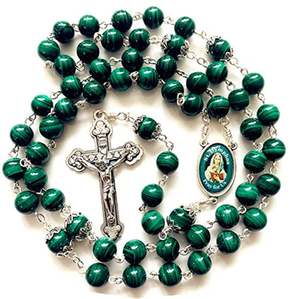 elegantmedical Handmade UNDOUBTED Malachite 8MM Beads St.Dymphna Rosary Cross/Crucifix Necklace Box Catholic Womens Gift