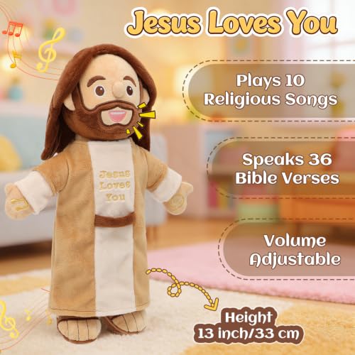 Speaking Jesus Doll - Speaks 36 Bible Verses & 10 Songs, 13” Talking Plush - color: Light Brown