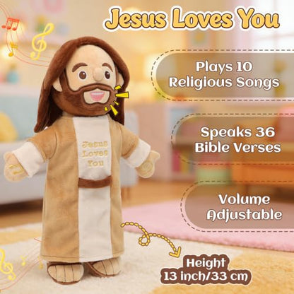 Speaking Jesus Doll - Speaks 36 Bible Verses & 10 Songs, 13” Talking Plush - color: Light Brown