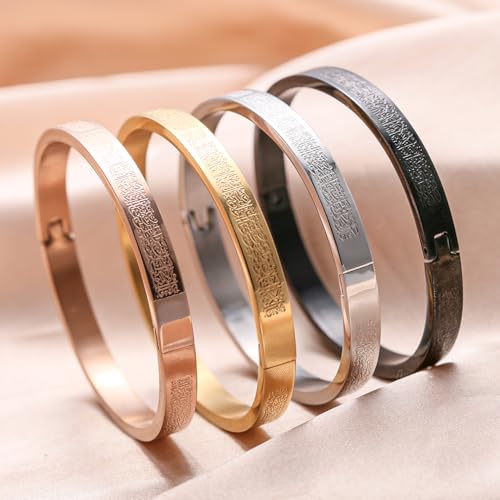 AYATUL KURSI Islamic Jewelry Bracelets Stainless Steel Openable Bangles Arabic Calligraphy Islamic Faith Gifts Messager Islamic Calligraphy Muslim Men Jewelry Bracelets Gift for Women - color: 1-Rose gold