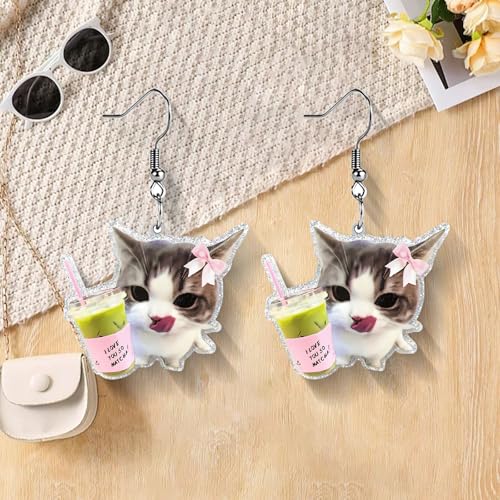 Christian Statement Earrings for Women, Acrylic Dangle Earrings, Lightweight Comfortable, Non Tarnish Hooks, Faith Jewelry, Religious Gift for Women - color: Cute Cat Matcha