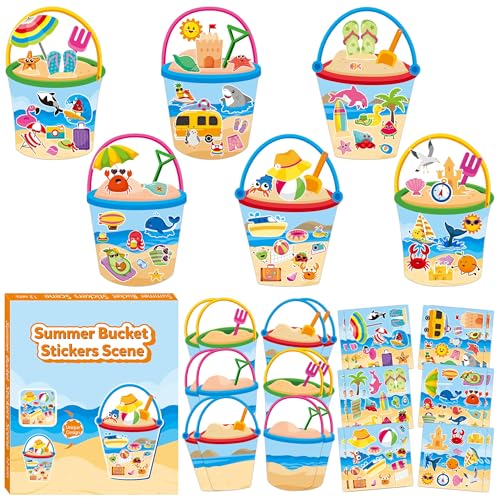 CY2SIDE Summer Bucket Scene Sticker - 12 Set Summer Beach Ocean Animal Sticker for School Rewards, Make Your Own Bucket with Sands Scene Activities Holiday Vacation Party Supplies - style: Summer bucket