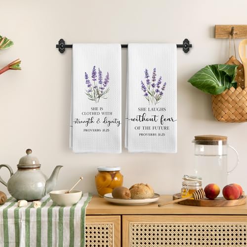 Christian Floral Kitchen Towels, Proverbs 31 Bible Verse Lavender Flower Kitchen Towel Decorative Set, Proverbs 31 Woman Gifts, Religious Floral Hand Dish Tea Towels for Bathroom Decor - color: Bible Floral-3