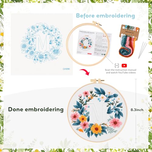 Zerzsy 7.87 '' Embroidery Kits Plant Flower Leaf English Letter Patterns for Beginners Adults, Easy to Learn Cross Stitch Kit for Home Office Decor - color: Letter M