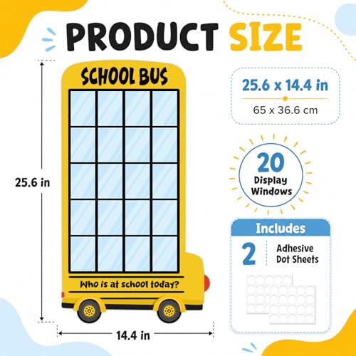 25×14In Yellow Bus Classroom Attendance Chart Who is at School Today DIY Photo Display Board Classroom Management Teacher Tools Back to School Bulletin Board Decor for Preschool Kindergarten Daycare