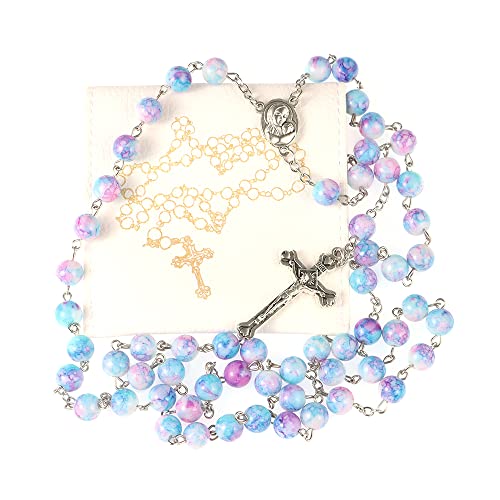 Rosary Beads for Women With Box, Blue Crystal Catholic Necklace, Last Supper Vintage Jewelry Box, Anglican Prayer Beads Christian Gifts - color: Ocean + Rosary Punch