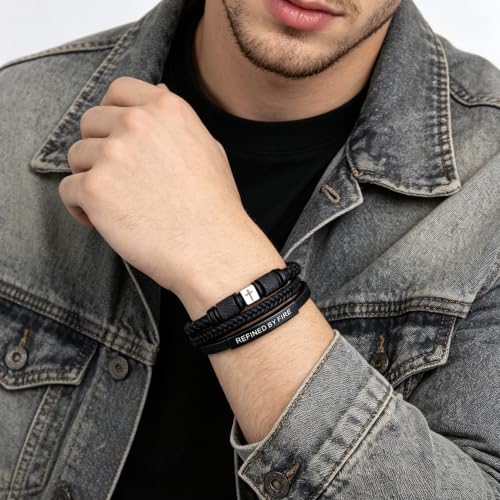 Leather Cross Bracelet for Men, Inspirational Christian Bracelet - color: REFINED BY FIRE