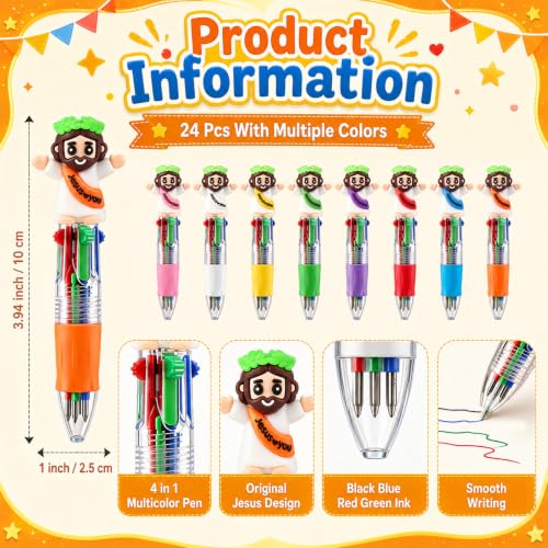 24 PCS Christian Jesus Pens 4 Color Multicolor Ballpoint Pens with Cute Jesus Design Religious Gifts for Church Supplies Sunday School Rewards Party Favors Teacher Appreciation Gifts - color: Jesus