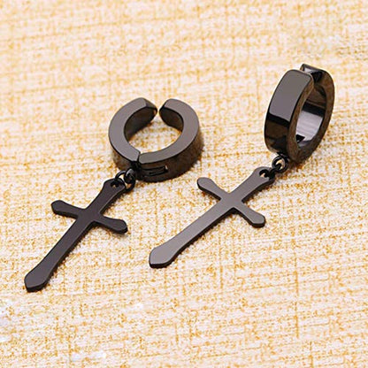 Non-pierced Earrings Set for Men Women Cross Titanium Steel Hoop Dangle Clip On Earring - style: Black