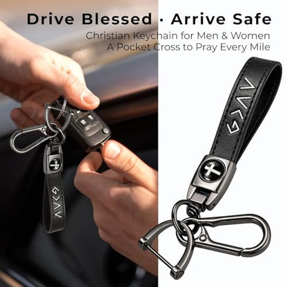 Christian Cross Leather Keychain for Men – Christian Gift for Dad Husband Son - color: Black – God is Greater (Gift Box)