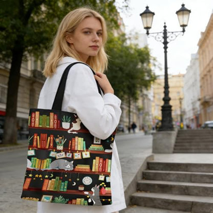 Canvas Tote Bags Reusable Shopping Bag for Women with Zippered Inner Pocket Magnetic Snap Closure - color: Bookshelf Cats