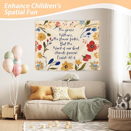 OHDCE Boho Floral Christian Tapestry Wall Hanging, Isaiah 40:8 Wildflower Religious Bible Verse Blanket Tapestries Wall Decoration for Bedroom Home Prayer Room Church, 50x60 Inch