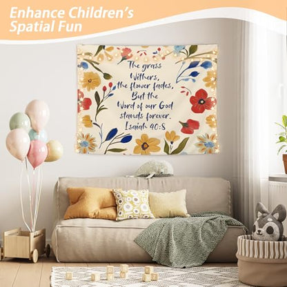 OHDCE Boho Floral Christian Tapestry Wall Hanging, Isaiah 40:8 Wildflower Religious Bible Verse Blanket Tapestries Wall Decoration for Bedroom Home Prayer Room Church, 50x60 Inch