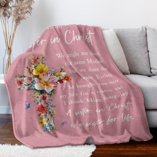 Christian Gifts for Women, Sister in Christ Floral Cross Blanket - color: Dusty Pink