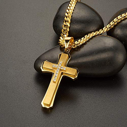 INSEA Men's Stainless Steel Crucifix Cross Necklace, Silver Black Gold, 21.6 Inch Box Chain, Christian Religious Jewelry, Gift Box Included - color: Black Cross with Cubic Zirconia