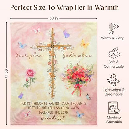 WRAPIX Christian Gifts for Women Faith - Soft Fleece Throw Blanket 50x60 in - color: Pink - God Plan, size: 50x60 inches