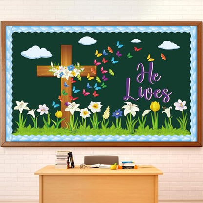 Easter Spring Bulletin Board Decoration Set He Lives Floral Cross Bulletin Board Borders Easter Butterfly Paper Cutouts Easter Christian Jesus Bulletin Boarder for Easter Spring School Classroom Decor
