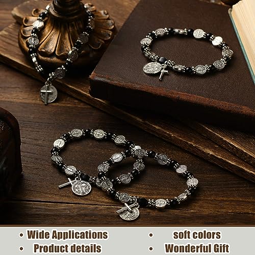 Crowye 12 Pcs St Benedict Bracelets Bulk Silver Color Rosary Bracelet Catholic Saint Medal Gifts Adjustable Religious Gifts for Men Women Birthday Holiday Christmas Stocking Stuffers