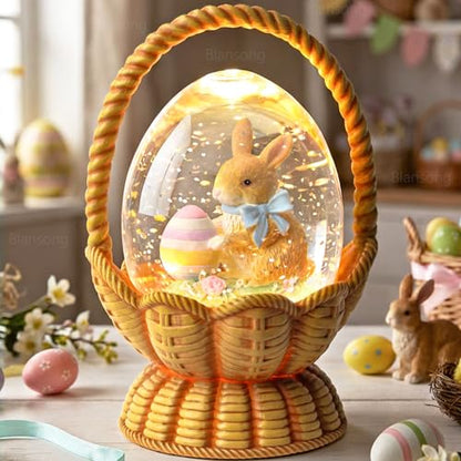 Easter Snow Globe Basket Easter Bunny Eggs Decorations Gifts Auto Snowfall Glitter Music Collection with 6H Timer USB/Battery Powered 6.4 Inch - color: Little Egg