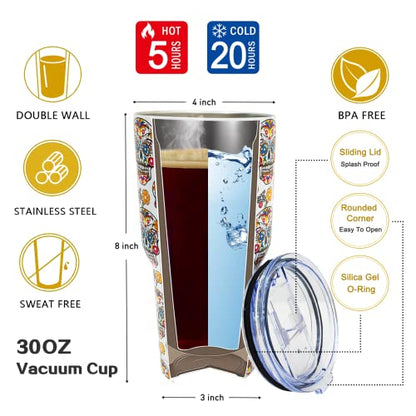 30oz Sugar Skull Tumbler Double Vacuum-Insulated | Keep Drinks 20H Cold/5H Hot, Travel Mug for Camping/Gym/Office, Day of the Dead/Halloween/Christmas Gift - color: White Sugar Skull
