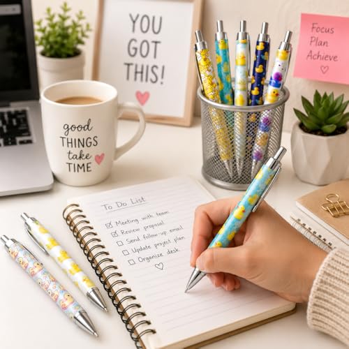 8PC Duck Pens Cute Cool Quirky Yellow Bird Novelty Ballpoint Black Ink Writing Pen Desk Accessories Kawaii Office Journaling Supplies Animal Themed Gifts Party Favors Bulk For Women Teachers Nurses - style: Duck