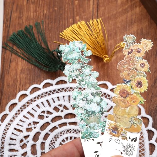 2 Metal Bookmarks with Tassel, Oil Painting Sunflowers and Vase with Roses - style: 《Sunflowers》 and 《Vase with Roses》